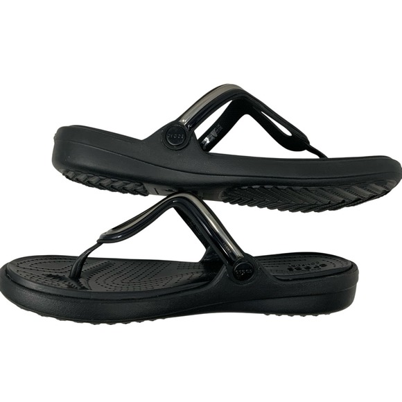Crocs Womens Sanrah Block Flip Flop Sandals Size 11 Casual Beach Black Silver - Picture 3 of 15